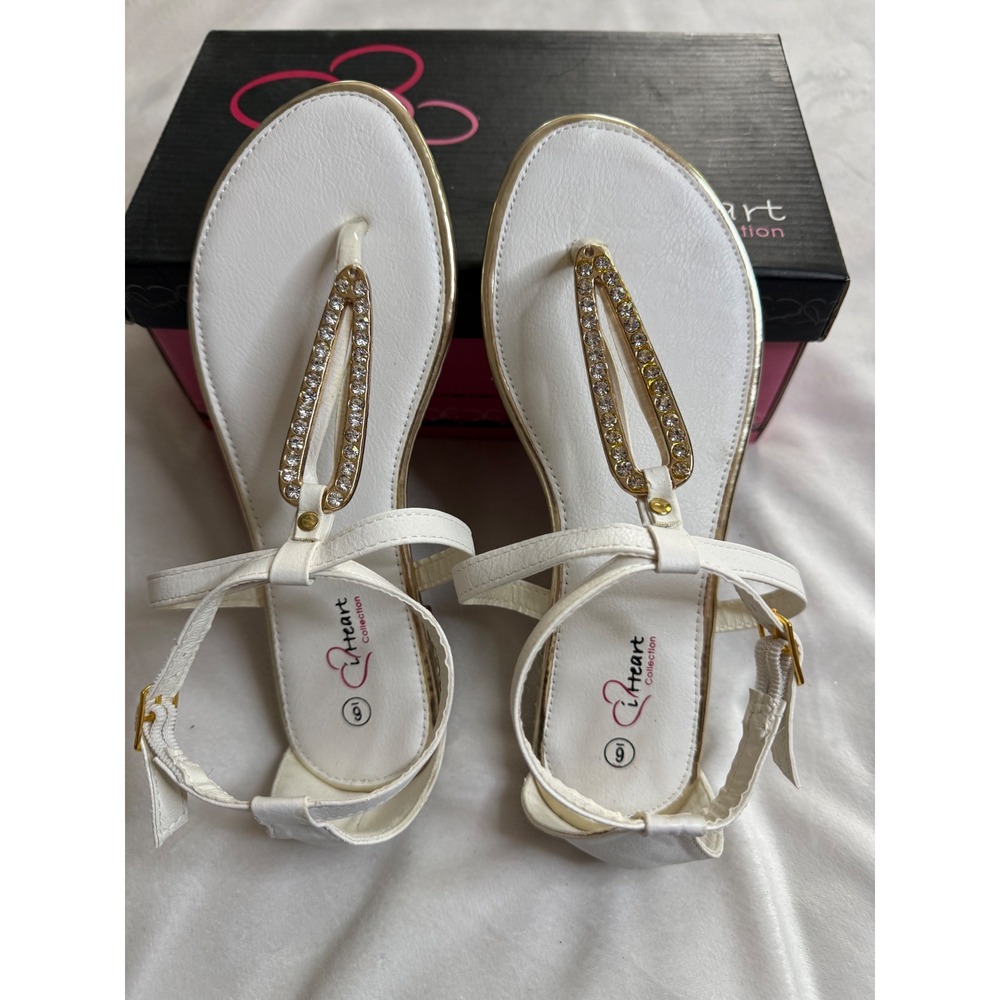 I Heart Collection Sarah-01 White Rhinestone T-Strap Flat Sandals Gold Studs 6